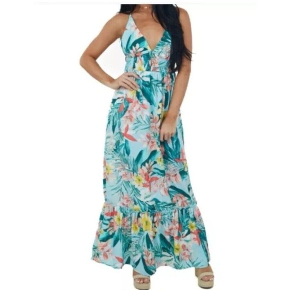 Blashe Aqua Smocked Floral Maxi Dress Women’s Medium Sleeveless Resort Vacation